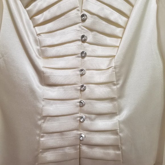 ❤️ Women's Ivory Satin Rhinestone Button-down Blouse w/ Sheer Bell Sleeves - Picture 2 of 11